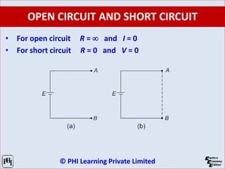© PHI Learning Private Limited
OPEN CIRCUIT AND SHORT CIRCUIT
• For open circuit R =  and I = 0
• For short circuit R = 0 and V = 0
 