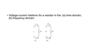 • Voltage-current relations for a resistor in the: (a) time domain,
(b) frequency domain.
 