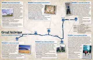 Destination2:TunnelsdeMooseJaw(MooseJaw)
Plusieurs histoires circulent au sujet des tunnels de Moose
Jaw qui ont été construits, dit-on, pour faciliter lʼentretien de
lʼéquipement de chauffage des édifices du centre-ville. Au
début du siècle, des Chinois sʼy seraient réfugiés pour
éviter lʼexpulsion vers leur pays dʼorigine. À lʼépoque de la
prohibition aux États-Unis, des contrebandiers en ont fait
leur cache. Al Capone lui-même sʼy serait réfugié pour
échapper à la justice américaine. La visite des lieux
sʼeffectue dans le cadre de deux tours à caractère
théâtral, relatant chacun un récit fascinant : celui des
premiers immigrants chinois au Canada
et celui de la contrebande dʼalcool dans
les années 20.
* Le musée nʼoffre pas de service
en français.
* Les heures dʼouverture sont sujettes
à changement. Veuillez consulter le
site Internet.
1
2
3
4
5
6
Willow Bunch
Regina
Moose Jaw
Gravelbourg
Ponteix
Eastend
Lafleche
Assiniboia
Shaunavon
2
13
13
1
Destination1:CentredupatrimoinedelaGRC(Regina)
Au Centre du patrimoine de la GRC, le multimédia est au service de
lʼhistoire de cette institution intimement liée au développement de notre
pays et à la formation de lʼidentité canadienne. Les expositions révèlent
la surprenante diversité des rôles assumés par cette police fédérale
depuis sa création en 1873, allant de la protection des pionniers et des
travailleurs du chemin de fer à la guerre au terrorisme, en passant par la
rédaction de rapports sur la migration des oiseaux. Les détectives en
herbe seront séduits par lʼespace interactif
Résoudre lʼénigme qui présente les techno-
logies de pointe pour déjouer le crime.
* Service en français : Toutes les vignettes
des expositions sont traduites en français.
Des versions françaises des visites
guidées et du spectacle multimédia sont
aussi présentées.
* Heures dʼouverture : Le musée est
ouvert tous les jours de mai à
septembre de 9 h à 18 h et le reste
de l'année, de 10 h à 17 h et
les fins de semaine de 12 h à 17 h.
Destination3:MuséedeWillowBunch(WillowBunch)
Le Musée de Willow Bunch retrace lʼhistoire de cette communauté
fondée en 1870 par des Métis de la Rivière rouge, rejoints
rapidement par plusieurs pionniers francophones. Lʼépisode
de la rencontre entre le commerçant Jean-Louis Légaré et le
chef sioux Sitting Bull ainsi que le récit de la vie du géant
Beaupré sont dʼun intérêt particulier. Un espace du musée
est consacré à la famille Campagne, dont plusieurs membres
ont marqué la scène musicale fransaskoise.
* Service en français : Il faut appeler à lʼavance pour obtenir
une visite guidée en français.
* Heures dʼouverture : Le musée est ouvert tous les jours du
15 mai au 15 septembre de 9 h à 17 h. Une visite du musée en
dehors de cette période est possible si vous prenez rendez-vous
au 306-473-2762.
Destination4:MuséedeGravelbourgetdistrict(Gravelbourg)
Le prêtre colonisateur Louis-Pierre Gravel a
fondé cette communauté encore très imprégnée
de son héritage franco-catholique. Le Musée de
Gravelbourg et district expose photos et objets
reliés aux pionniers canadiens-français de
Gravelbourg, mais aussi à ses institutions
créées par les nombreuses communautés
religieuses qui sʼy sont établies. Le Collège
Mathieu, le Couvent Jésus-Marie et lʼHôpital
St-Joseph comptent parmi elles. Des visites
de la Co-Cathédrale Notre-Dame-de-lʼAssomption et de la chapelle
du Couvent Jésus-Marie sont offertes par le musée.
* Service en français : Le musée offre une visite guidée en français.
* Heures dʼouverture : Le musée est ouvert tous les jours
du 1er juin au 31 août de 9 h à 18 h. Dimanche : 12 h à 18 h
Destination5:Muséed’héritageNotukeu(Ponteix)
À lʼentrée du village de Ponteix, vous serez accueilli par une
reproduction grandeur nature dʼun plésiosaure à long cou dont on
a découvert les os fossilisés à quelques kilomètres du village, en
1993. Le musée archéologique de Ponteix consacre une
exposition à cette créature
marine dʼune autre ère. Les
visiteurs auront aussi
lʼoccasion dʼobserver
plusieurs artéfacts témoins
des différentes civilisations
qui se sont succédées sur
le territoire depuis
lʼétablissement de lʼHomme
en Amérique. Une des collections de pointes de flèches les plus
complètes au monde y est présentée.
* Service en français : Les vignettes des expositions
sont traduites en français. Des visites guidées en
français sont offertes.
* Heures dʼouverture : Le musée est ouvert toute lʼannée du
lundi au vendredi de 9 h à 17 h. Il est possible de le visiter sur
rendez-vous la fin de semaine et les jours fériés.
Destination6:T.rexDiscoveryCentre(Eastend)
La découverte en 1991 du fossile dʼun T.rex est à
lʼorigine de la fondation du centre de recherche
paléontologique dʼEastend. Les secrets livrés
depuis par le tyrannosaure sont révélés aux
visiteurs sous la forme dʼexpositions interactives
et de visites guidées... indiscrètes. En effet,
les visiteurs sont entraînés dans le laboratoire
des paléontologues et sont initiés à leurs
méthodes de recherche.
* Service en français : Un document en français contenant
de lʼinformation générale sur les thèmes dʼexposition est disponible.
* Heures dʼouverture : Le centre est ouvert tous les jours de
9 h à 17 h et en juillet et août, de 9 h à 19 h.
Circuit historiquedans le sud-ouest de la Saskatchewan
Crédits photos
Destination 1 : GRC de Regina – Photo : Douglas E. Walker
de Tourism Saskatchewan
Destination 2 : Tunnels de Moose Jaw – Photo : Jeff Grajczyk
Destination 3 : Musée de Willow Bunch – Source : www.willowbunch.ca
Destination 4 : Co-Cathédrale Notre-Dame-de-lʼAssomption
Source : Ville de Gravelbourg
Destination 5 : Des os fossilisés du plésiosaure « Mo » se trouvent au
Musée dʼhéritage Notukeu. – Source : Ville de Ponteix
Destination 6 : Lʼédifice ultramoderne du centre de recherche se confond
avec lʼenvironnement des Badlands
Source : www.dinocountry.com
 