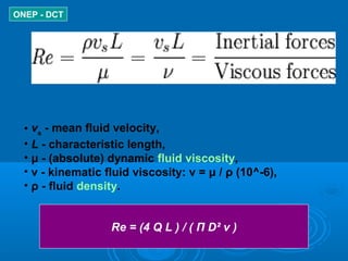 ONEP - DCT
                                          
• vs
- mean fluid velocity,
• L - characteristic length,
• μ - (absolute) dynamic fluid viscosity,
• ν - kinematic fluid viscosity: ν = μ / ρ (10^-6),
• ρ - fluid density.
Re = (4 Q L ) / ( Π D² ν )
 