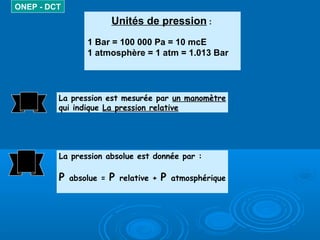 Unités de pression :
1 Bar = 100 000 Pa = 10 mcE
1 atmosphère = 1 atm = 1.013 Bar
ONEP - DCT
La pression est mesurée par u...