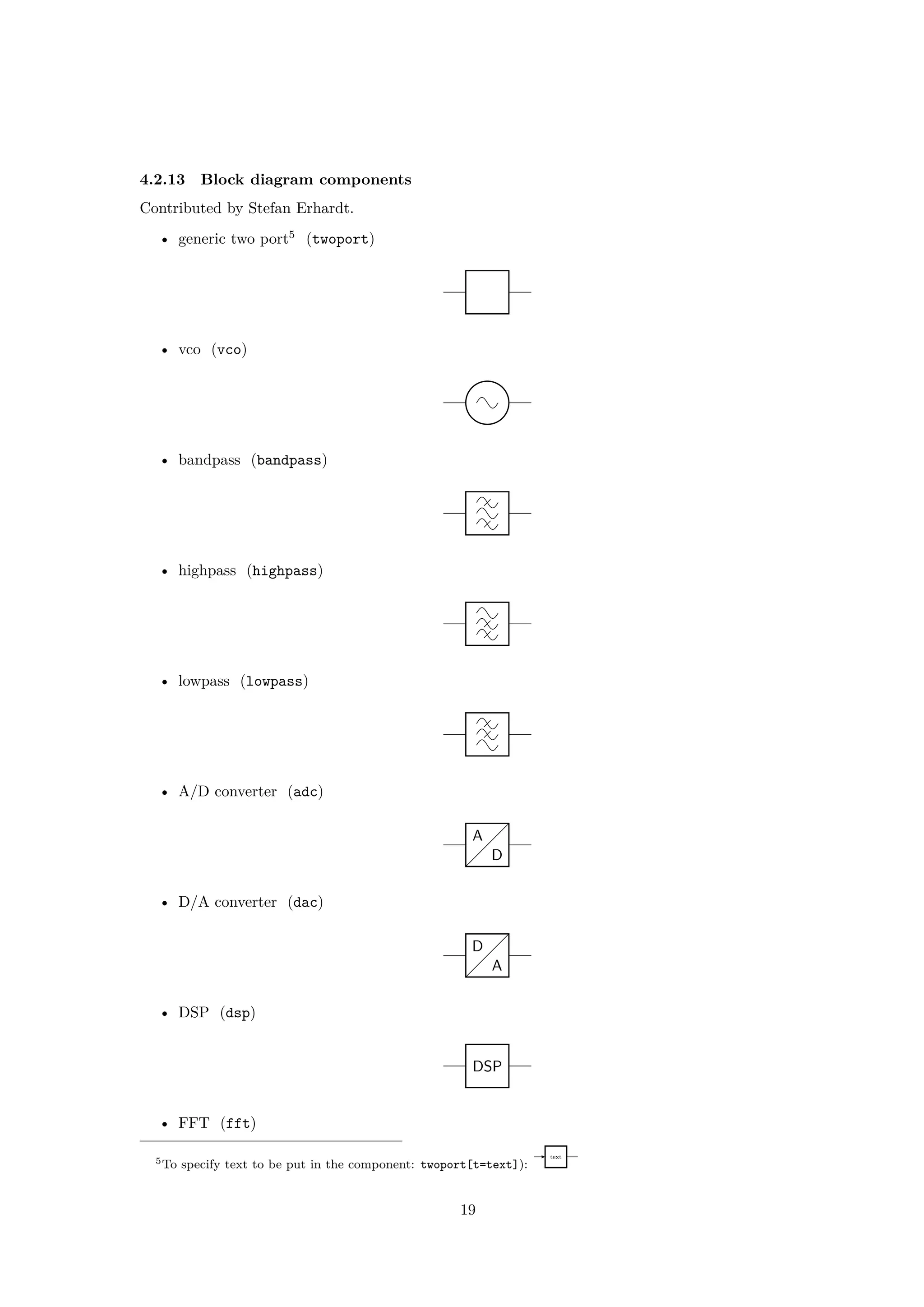 4.2.13 Block diagram components
Contributed by Stefan Erhardt.
• generic two port5
(twoport)
• vco (vco)
• bandpass (bandpass)
• highpass (highpass)
• lowpass (lowpass)
• A/D converter (adc)
A
D
• D/A converter (dac)
D
A
• DSP (dsp)
DSP
• FFT (fft)
5To specify text to be put in the component: twoport[t=text]):
text
19
 