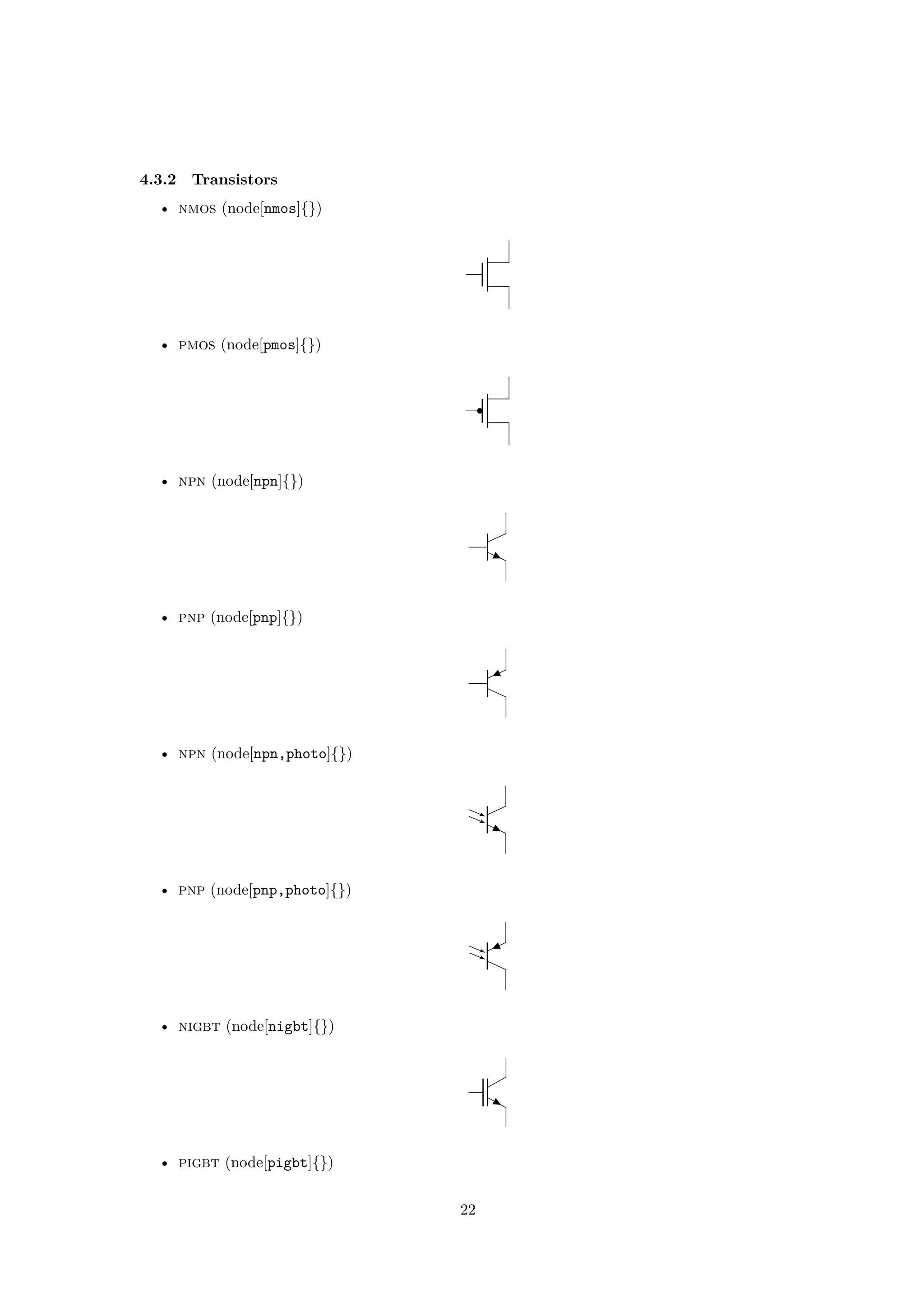 4.3.2 Transistors
• nmos (node[nmos]{})
• pmos (node[pmos]{})
• npn (node[npn]{})
• pnp (node[pnp]{})
• npn (node[npn,photo]{})
• pnp (node[pnp,photo]{})
• nigbt (node[nigbt]{})
• pigbt (node[pigbt]{})
22
 