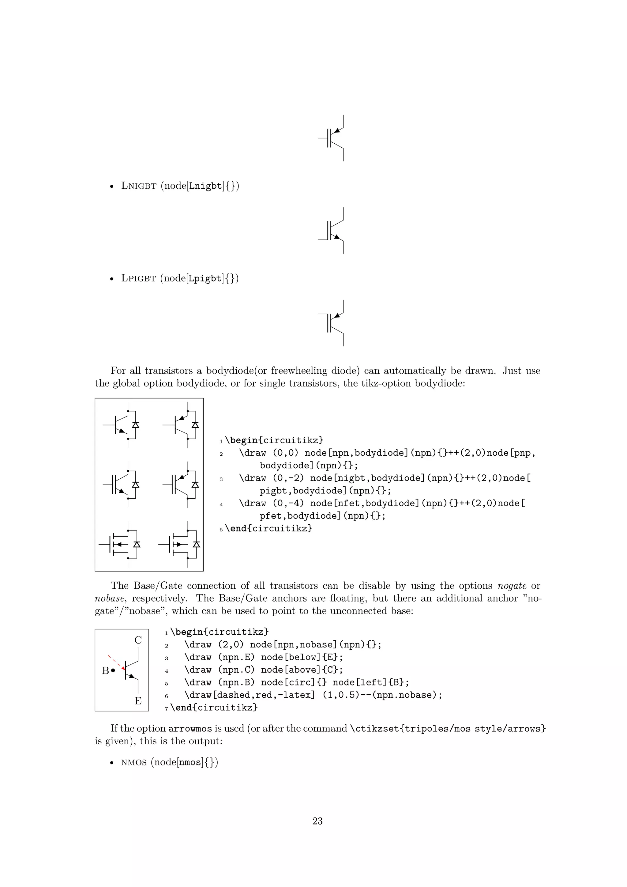 • Lnigbt (node[Lnigbt]{})
• Lpigbt (node[Lpigbt]{})
For all transistors a bodydiode(or freewheeling diode) can automatically be drawn. Just use
the global option bodydiode, or for single transistors, the tikz-option bodydiode:
1 begin{circuitikz}
2 draw (0,0) node[npn,bodydiode](npn){}++(2,0)node[pnp,
bodydiode](npn){};
3 draw (0,-2) node[nigbt,bodydiode](npn){}++(2,0)node[
pigbt,bodydiode](npn){};
4 draw (0,-4) node[nfet,bodydiode](npn){}++(2,0)node[
pfet,bodydiode](npn){};
5 end{circuitikz}
The Base/Gate connection of all transistors can be disable by using the options nogate or
nobase, respectively. The Base/Gate anchors are floating, but there an additional anchor ”no-
gate”/”nobase”, which can be used to point to the unconnected base:
E
C
B
1 begin{circuitikz}
2 draw (2,0) node[npn,nobase](npn){};
3 draw (npn.E) node[below]{E};
4 draw (npn.C) node[above]{C};
5 draw (npn.B) node[circ]{} node[left]{B};
6 draw[dashed,red,-latex] (1,0.5)--(npn.nobase);
7 end{circuitikz}
If the option arrowmos is used (or after the command ctikzset{tripoles/mos style/arrows}
is given), this is the output:
• nmos (node[nmos]{})
23
 