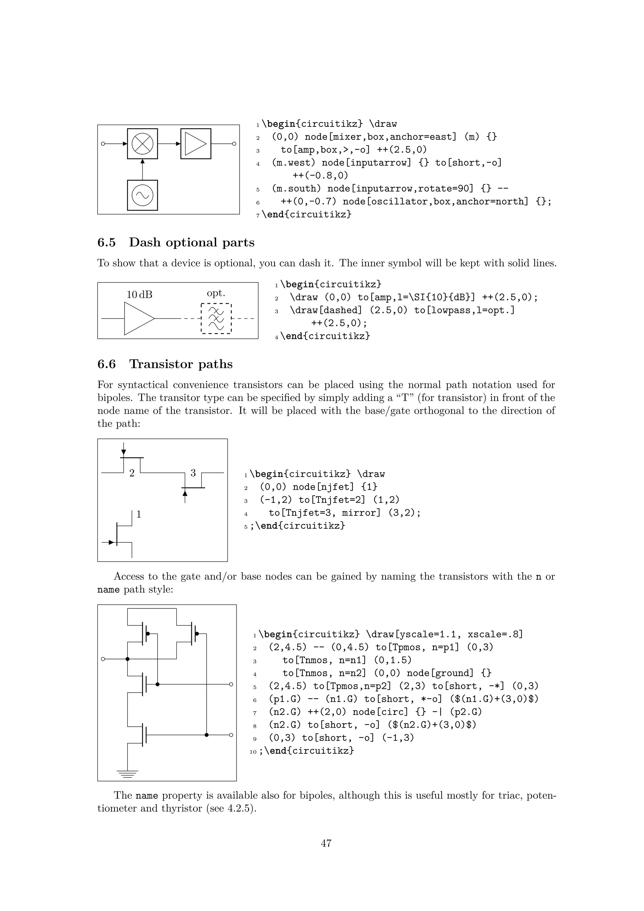 1 begin{circuitikz} draw
2 (0,0) node[mixer,box,anchor=east] (m) {}
3 to[amp,box,>,-o] ++(2.5,0)
4 (m.west) node[inputarrow] {} to[short,-o]
++(-0.8,0)
5 (m.south) node[inputarrow,rotate=90] {} --
6 ++(0,-0.7) node[oscillator,box,anchor=north] {};
7 end{circuitikz}
6.5 Dash optional parts
To show that a device is optional, you can dash it. The inner symbol will be kept with solid lines.
10 dB opt.
1 begin{circuitikz}
2 draw (0,0) to[amp,l=SI{10}{dB}] ++(2.5,0);
3 draw[dashed] (2.5,0) to[lowpass,l=opt.]
++(2.5,0);
4 end{circuitikz}
6.6 Transistor paths
For syntactical convenience transistors can be placed using the normal path notation used for
bipoles. The transitor type can be specified by simply adding a “T” (for transistor) in front of the
node name of the transistor. It will be placed with the base/gate orthogonal to the direction of
the path:
1
2 3 1 begin{circuitikz} draw
2 (0,0) node[njfet] {1}
3 (-1,2) to[Tnjfet=2] (1,2)
4 to[Tnjfet=3, mirror] (3,2);
5 ;end{circuitikz}
Access to the gate and/or base nodes can be gained by naming the transistors with the n or
name path style:
1 begin{circuitikz} draw[yscale=1.1, xscale=.8]
2 (2,4.5) -- (0,4.5) to[Tpmos, n=p1] (0,3)
3 to[Tnmos, n=n1] (0,1.5)
4 to[Tnmos, n=n2] (0,0) node[ground] {}
5 (2,4.5) to[Tpmos,n=p2] (2,3) to[short, -*] (0,3)
6 (p1.G) -- (n1.G) to[short, *-o] ($(n1.G)+(3,0)$)
7 (n2.G) ++(2,0) node[circ] {} -| (p2.G)
8 (n2.G) to[short, -o] ($(n2.G)+(3,0)$)
9 (0,3) to[short, -o] (-1,3)
10 ;end{circuitikz}
The name property is available also for bipoles, although this is useful mostly for triac, poten-
tiometer and thyristor (see 4.2.5).
47
 