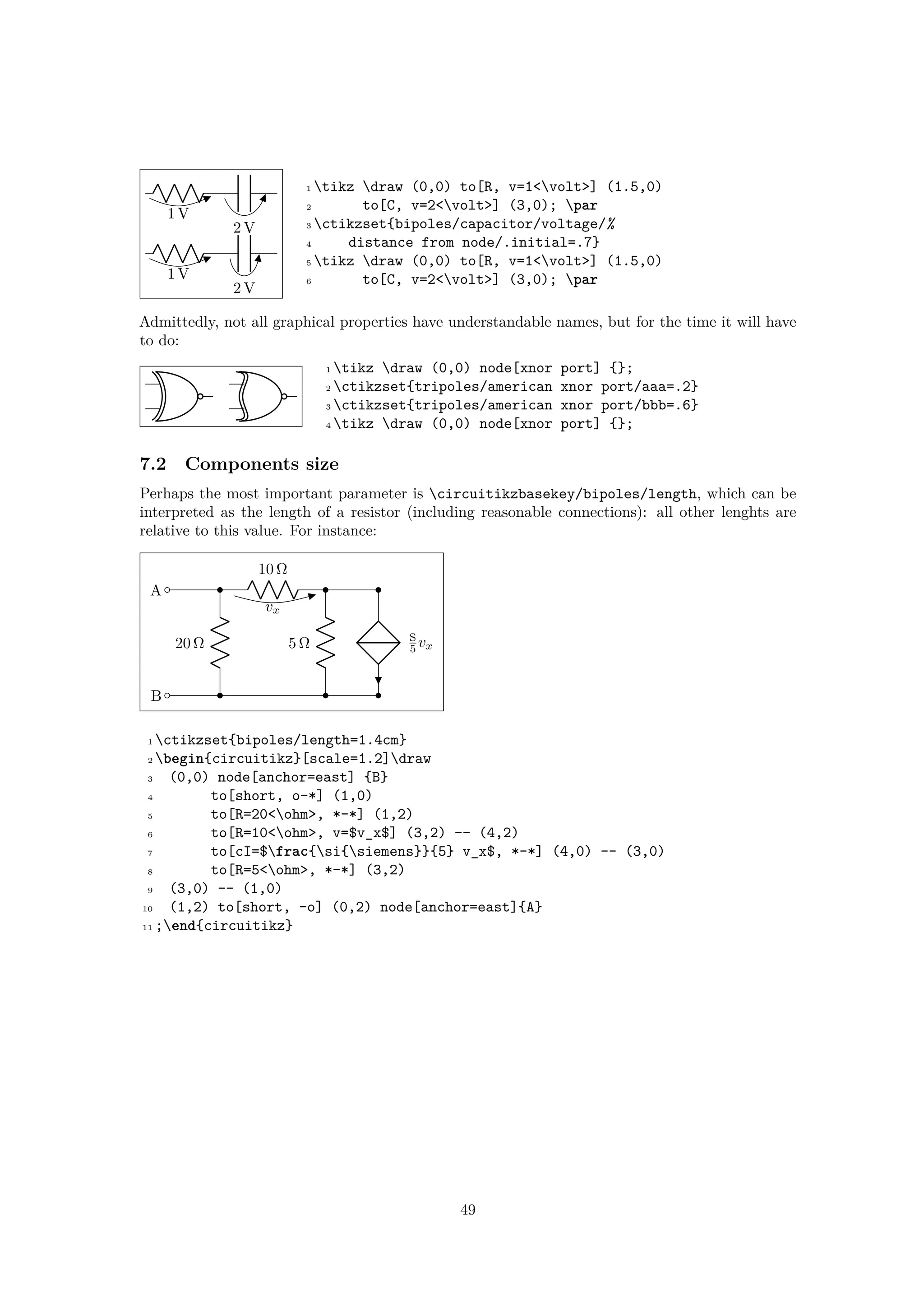 1 V
2 V
1 V
2 V
1 tikz draw (0,0) to[R, v=1<volt>] (1.5,0)
2 to[C, v=2<volt>] (3,0); par
3 ctikzset{bipoles/capacitor/voltage/%
4 distance from node/.initial=.7}
5 tikz draw (0,0) to[R, v=1<volt>] (1.5,0)
6 to[C, v=2<volt>] (3,0); par
Admittedly, not all graphical properties have understandable names, but for the time it will have
to do:
1 tikz draw (0,0) node[xnor port] {};
2 ctikzset{tripoles/american xnor port/aaa=.2}
3 ctikzset{tripoles/american xnor port/bbb=.6}
4 tikz draw (0,0) node[xnor port] {};
7.2 Components size
Perhaps the most important parameter is circuitikzbasekey/bipoles/length, which can be
interpreted as the length of a resistor (including reasonable connections): all other lenghts are
relative to this value. For instance:
B
20 Ω
10 Ω
vx
S
5 vx5 Ω
A
1 ctikzset{bipoles/length=1.4cm}
2 begin{circuitikz}[scale=1.2]draw
3 (0,0) node[anchor=east] {B}
4 to[short, o-*] (1,0)
5 to[R=20<ohm>, *-*] (1,2)
6 to[R=10<ohm>, v=$v_x$] (3,2) -- (4,2)
7 to[cI=$frac{si{siemens}}{5} v_x$, *-*] (4,0) -- (3,0)
8 to[R=5<ohm>, *-*] (3,2)
9 (3,0) -- (1,0)
10 (1,2) to[short, -o] (0,2) node[anchor=east]{A}
11 ;end{circuitikz}
49
 