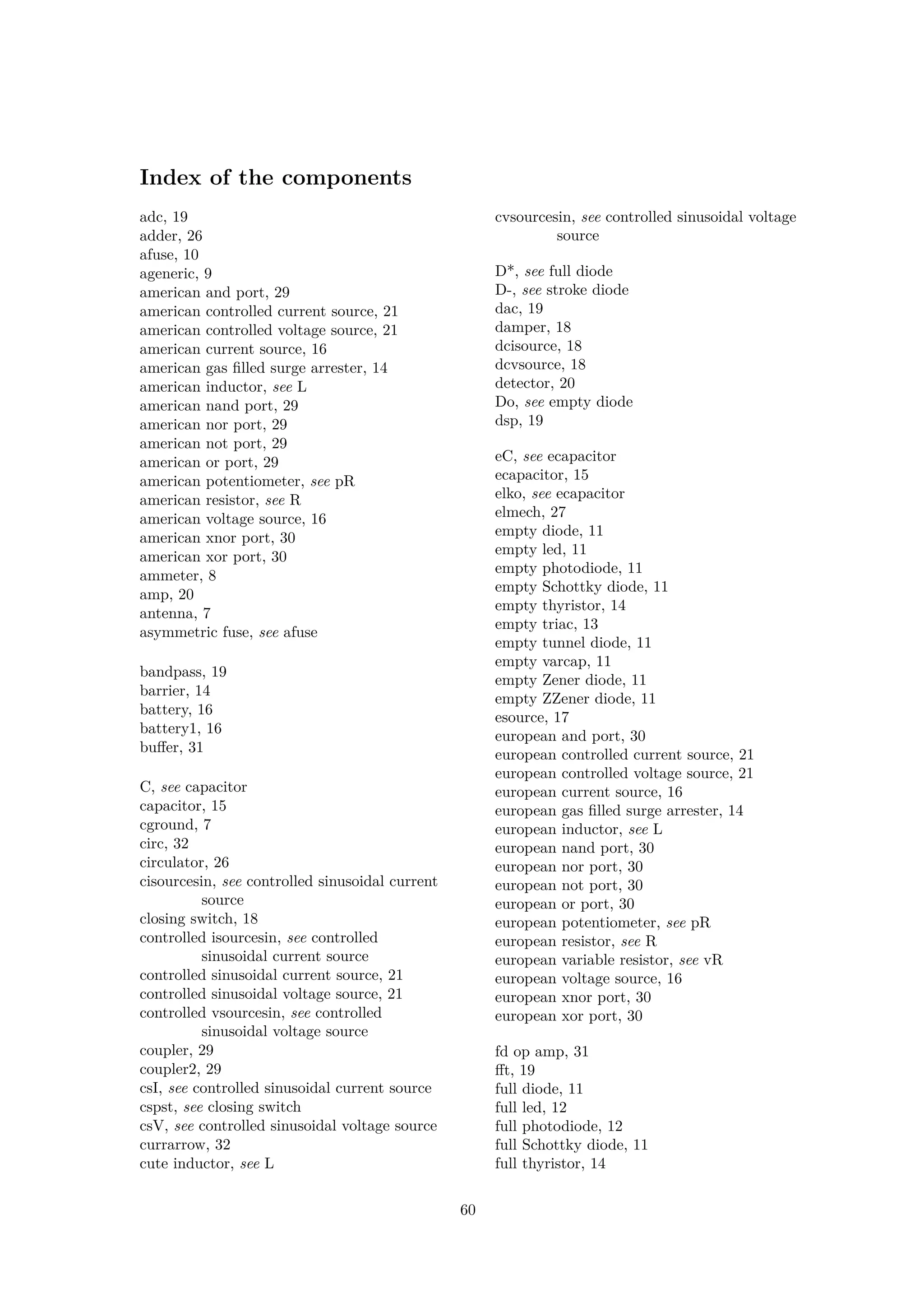 Index of the components
adc, 19
adder, 26
afuse, 10
ageneric, 9
american and port, 29
american controlled current source, 21
american controlled voltage source, 21
american current source, 16
american gas filled surge arrester, 14
american inductor, see L
american nand port, 29
american nor port, 29
american not port, 29
american or port, 29
american potentiometer, see pR
american resistor, see R
american voltage source, 16
american xnor port, 30
american xor port, 30
ammeter, 8
amp, 20
antenna, 7
asymmetric fuse, see afuse
bandpass, 19
barrier, 14
battery, 16
battery1, 16
buffer, 31
C, see capacitor
capacitor, 15
cground, 7
circ, 32
circulator, 26
cisourcesin, see controlled sinusoidal current
source
closing switch, 18
controlled isourcesin, see controlled
sinusoidal current source
controlled sinusoidal current source, 21
controlled sinusoidal voltage source, 21
controlled vsourcesin, see controlled
sinusoidal voltage source
coupler, 29
coupler2, 29
csI, see controlled sinusoidal current source
cspst, see closing switch
csV, see controlled sinusoidal voltage source
currarrow, 32
cute inductor, see L
cvsourcesin, see controlled sinusoidal voltage
source
D*, see full diode
D-, see stroke diode
dac, 19
damper, 18
dcisource, 18
dcvsource, 18
detector, 20
Do, see empty diode
dsp, 19
eC, see ecapacitor
ecapacitor, 15
elko, see ecapacitor
elmech, 27
empty diode, 11
empty led, 11
empty photodiode, 11
empty Schottky diode, 11
empty thyristor, 14
empty triac, 13
empty tunnel diode, 11
empty varcap, 11
empty Zener diode, 11
empty ZZener diode, 11
esource, 17
european and port, 30
european controlled current source, 21
european controlled voltage source, 21
european current source, 16
european gas filled surge arrester, 14
european inductor, see L
european nand port, 30
european nor port, 30
european not port, 30
european or port, 30
european potentiometer, see pR
european resistor, see R
european variable resistor, see vR
european voltage source, 16
european xnor port, 30
european xor port, 30
fd op amp, 31
fft, 19
full diode, 11
full led, 12
full photodiode, 12
full Schottky diode, 11
full thyristor, 14
60
 