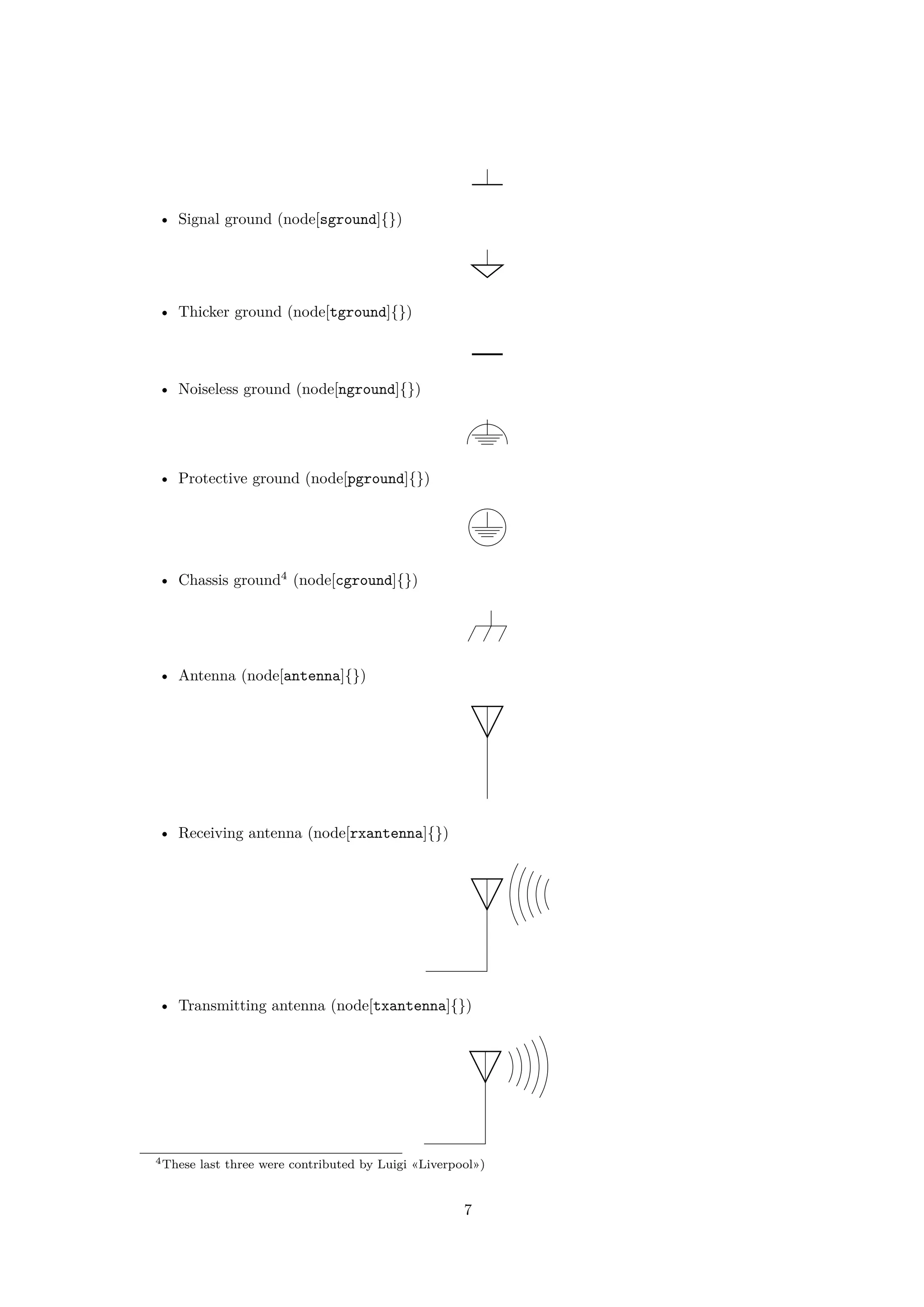 • Signal ground (node[sground]{})
• Thicker ground (node[tground]{})
• Noiseless ground (node[nground]{})
• Protective ground (node[pground]{})
• Chassis ground4
(node[cground]{})
• Antenna (node[antenna]{})
• Receiving antenna (node[rxantenna]{})
• Transmitting antenna (node[txantenna]{})
4These last three were contributed by Luigi «Liverpool»)
7
 
