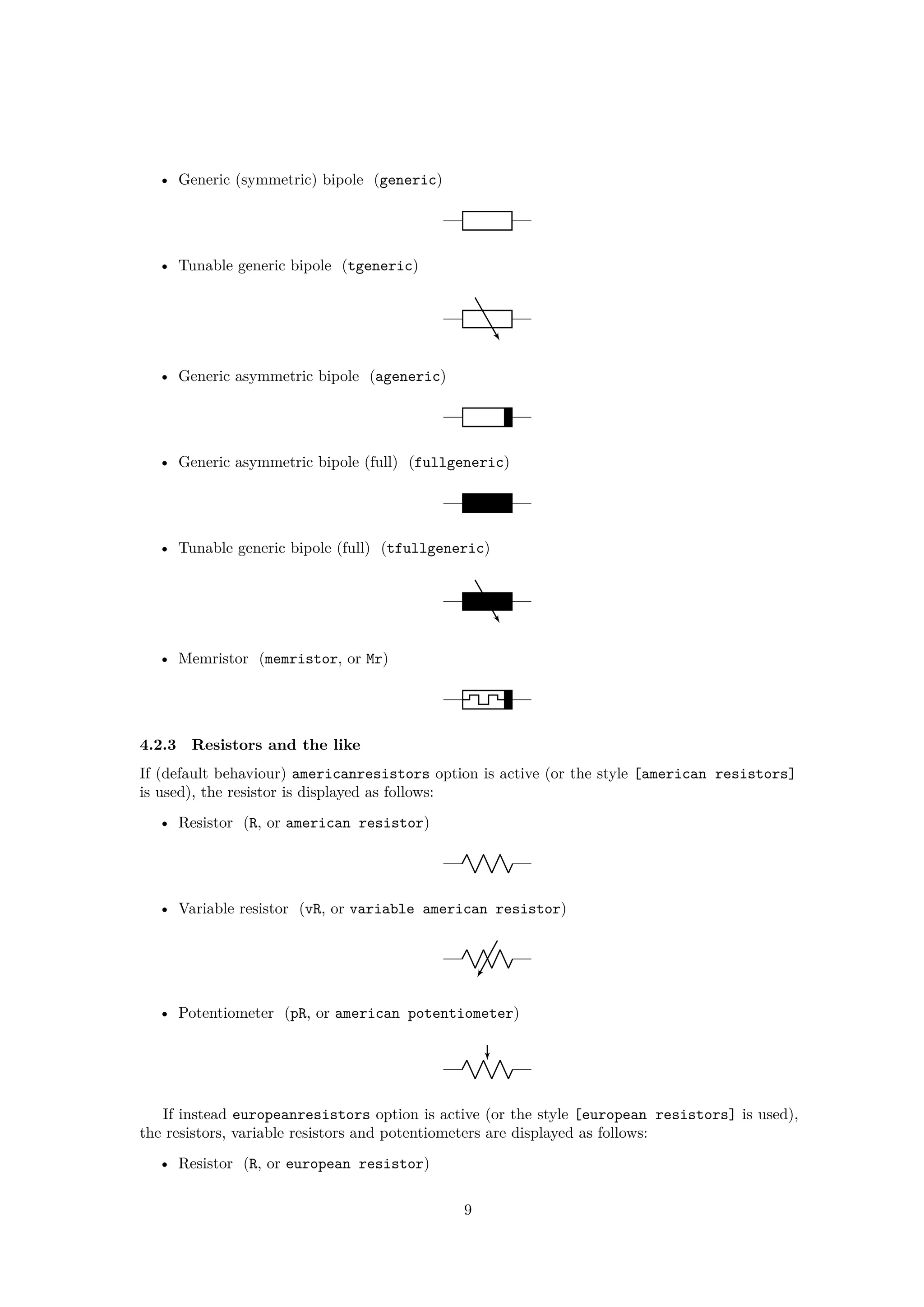 • Generic (symmetric) bipole (generic)
• Tunable generic bipole (tgeneric)
• Generic asymmetric bipole (ageneric)
• Generic asymmetric bipole (full) (fullgeneric)
• Tunable generic bipole (full) (tfullgeneric)
• Memristor (memristor, or Mr)
4.2.3 Resistors and the like
If (default behaviour) americanresistors option is active (or the style [american resistors]
is used), the resistor is displayed as follows:
• Resistor (R, or american resistor)
• Variable resistor (vR, or variable american resistor)
• Potentiometer (pR, or american potentiometer)
If instead europeanresistors option is active (or the style [european resistors] is used),
the resistors, variable resistors and potentiometers are displayed as follows:
• Resistor (R, or european resistor)
9
 
