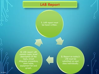 LAB Report
1. LAB report must
be hand written.
2. Report on today’s
LAB must be
submitted on next
class individually.
3. LAB report will
contain: topic, brief
description of the
topic, circuit
diagram, procedure,
data table,
equipment list and
graph.
by Tajim
13
 