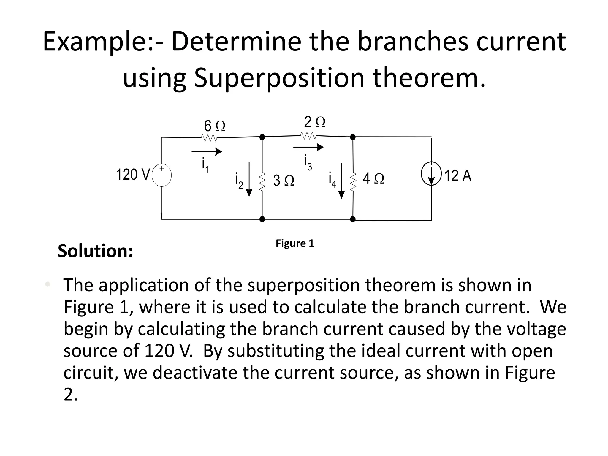 Example:- Determine the branches current
using Superposition theorem.
Solution:
• The application of the superposition theorem is shown in
Figure 1, where it is used to calculate the branch current. We
begin by calculating the branch current caused by the voltage
source of 120 V. By substituting the ideal current with open
circuit, we deactivate the current source, as shown in Figure
2.
120 V 3 W
6 W
12 A4 W
2 W
i1
i2
i3
i4
Figure 1
 