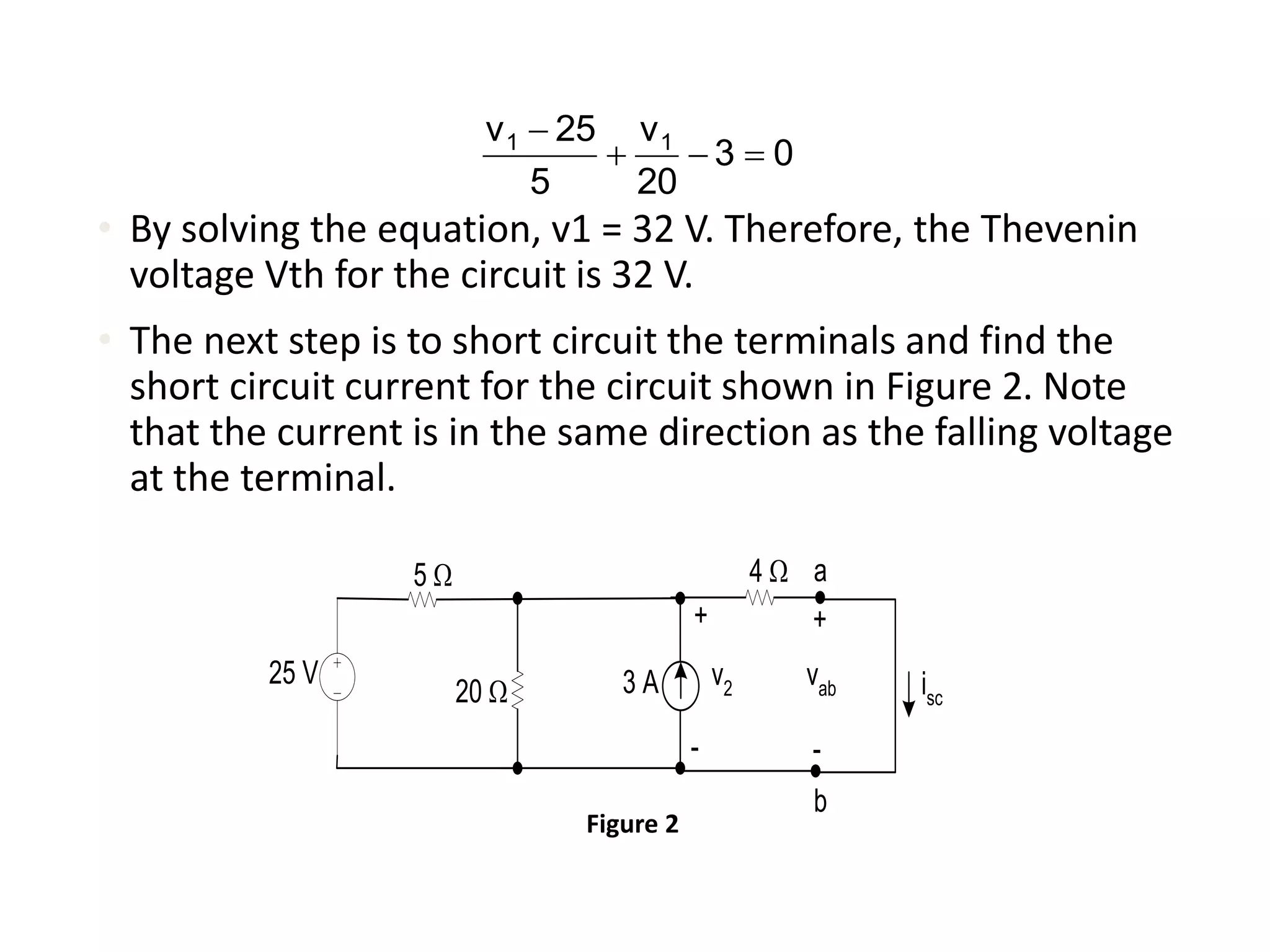 • By solving the equation, v1 = 32 V. Therefore, the Thevenin
voltage Vth for the circuit is 32 V.
• The next step is to short circuit the terminals and find the
short circuit current for the circuit shown in Figure 2. Note
that the current is in the same direction as the falling voltage
at the terminal.
03
20
v
5
25v 11


25 V
20 W
+
-
v23 A
5 W 4 W
+
-
vab
a
b
isc
Figure 2
 