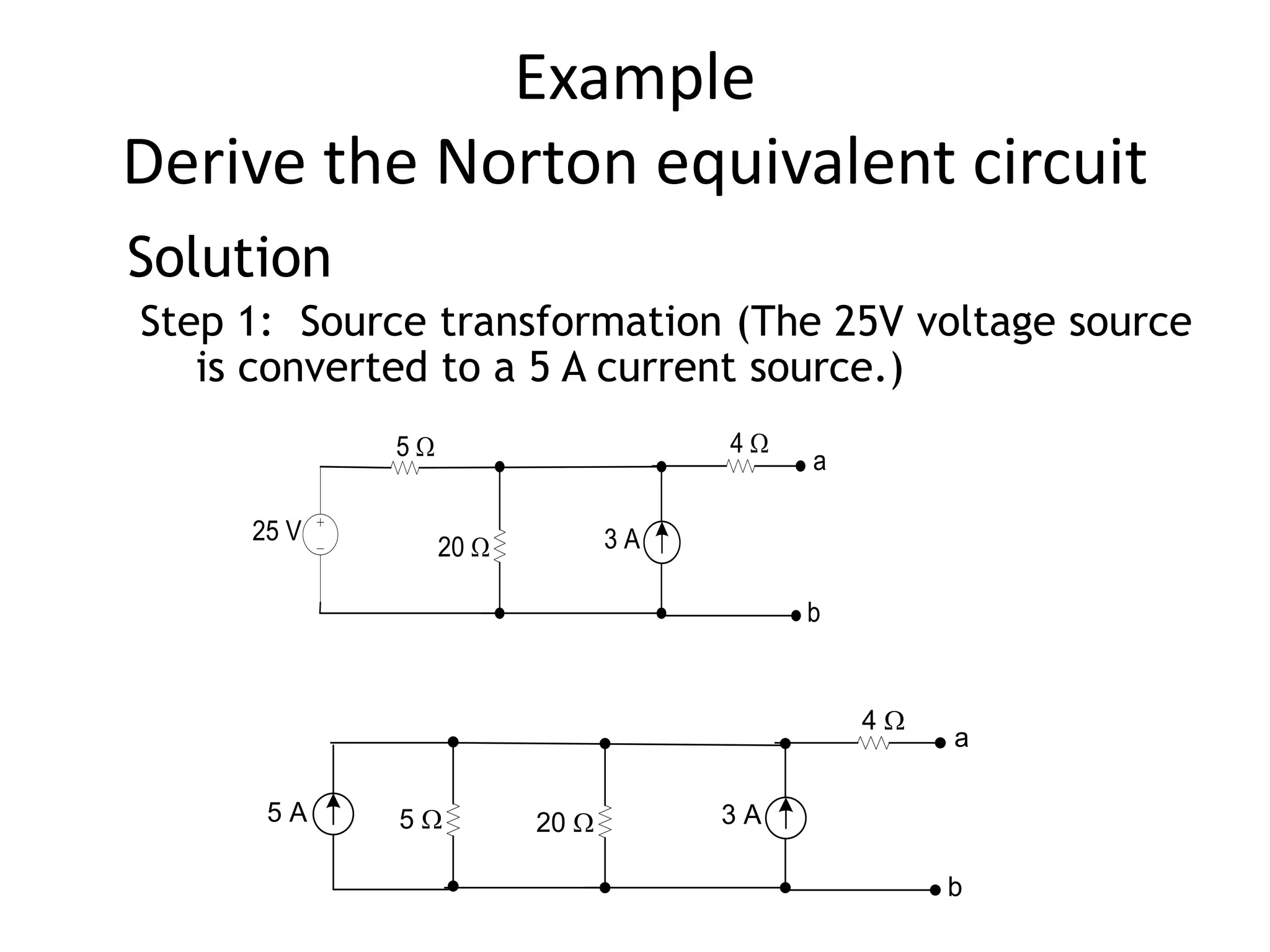 Example
Derive the Norton equivalent circuit
Solution
Step 1: Source transformation (The 25V voltage source
is converted to a 5 A current source.)
25 V
20 W 3 A
5 W 4 W
a
b
20 W 3 A5 W
4 W
a
b
5 A
 