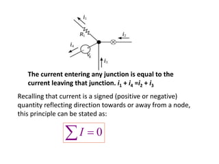 The current entering any junction is equal to the
current leaving that junction. i1 + i4 =i2 + i3
Recalling that current is a signed (positive or negative)
quantity reflecting direction towards or away from a node,
this principle can be stated as:
  0I
 