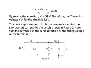 • By solving the equation, v1 = 32 V. Therefore, the Thevenin
voltage Vth for the circuit is 32 V.
• The next step is to short circuit the terminals and find the
short circuit current for the circuit shown in Figure 2. Note
that the current is in the same direction as the falling voltage
at the terminal.
03
20
v
5
25v 11


25 V
20 W
+
-
v23 A
5 W 4 W
+
-
vab
a
b
isc
Figure 2
 