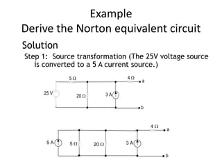 Example
Derive the Norton equivalent circuit
Solution
Step 1: Source transformation (The 25V voltage source
is converted to a 5 A current source.)
25 V
20 W 3 A
5 W 4 W
a
b
20 W 3 A5 W
4 W
a
b
5 A
 