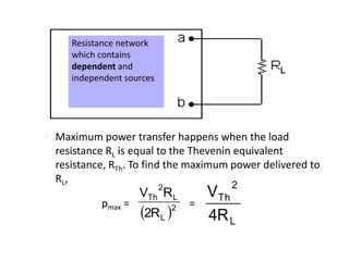 Resistance network
which contains
dependent and
independent sources
L
2
Th
R4
V
 2
L
L
2
Th
R2
RV
pmax = =
• Maximum power transfer happens when the load
resistance RL is equal to the Thevenin equivalent
resistance, RTh. To find the maximum power delivered to
RL,
 