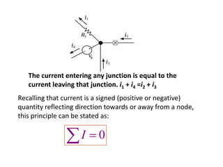 The current entering any junction is equal to the
   current leaving that junction. i1 + i4 =i2 + i3
Recalling that current is a signed (positive or negative)
quantity reflecting direction towards or away from a node,
this principle can be stated as:

                    I     0
 