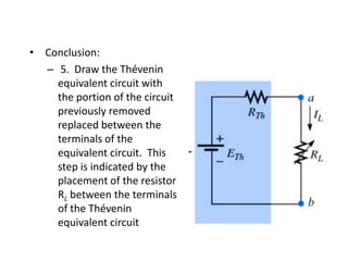 • Conclusion:
  – 5. Draw the Thévenin
    equivalent circuit with      Insert Figure 9.26(b)
    the portion of the circuit
    previously removed
    replaced between the
    terminals of the
    equivalent circuit. This
    step is indicated by the
    placement of the resistor
    RL between the terminals
    of the Thévenin
    equivalent circuit
 