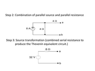Step 2: Combination of parallel source and parallel resistance
                                     4
                                              a

                8A        4

                                              b

Step 3: Source transformation (combined serial resistance to
       produce the Thevenin equivalent circuit.)
                               8
                                          a

                  32 V

                                          b
 