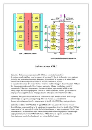 Figure 1.1 Connexions de la famille 374i
Architecture des CPLD
La matrice d'interconnexion programmable (PIM) est constitué d'une matrice
de routage complète globale pour les signaux de broches d'E / S et le feedback des blocs logiques.
Elle offre une interconnexion robuste pour éviter les limitations de montage et de densité. Les
entrées de la PIM se composent de toutes les broches d'entrée I / O et dédié
et toutes les rétroactions des macrocellules à l'intérieur des blocs logiques. Les sorties de la PIM sont
des signaux acheminés vers les blocs logiques appropriés. Chaque bloc logique reçoit 36
entrées de la PIM et leurs compléments. Une caractéristique importante de la MIP est son
timing simple. Le délai de propagation à travers le PIM est représenté dans les spécifications de
temps pour chaque périphérique. Il n'ya pas d'autres délais pour parcourir à travers le PIM.
Le routage des signaux à travers le PIM est totalement invisible pour l’utilisateur. Tout routage
est réalisé par un logiciel de routage. Warp et les tiers paquets de développement
donnent automatiquement tous les parcours pour la famille Ultra37000 dans quelques minutes.
La famille des Ultra37000 ™ (CPLD de type CMOS) offre une gamme de solutions de haute
densité logique programmable avec de grandes performances du système. La famille Ultra37000 est
conçu parce qu’elle apporte la flexibilité, la facilité d'utilisation, et la performance du 22V10 à haute
densité CPLD. L'architecture est basée sur un certain nombre de blocs logiques qui sont reliés par
un programmable Interconnect Matrix (PIM). La PIM distribue les signaux des sorties de
blocs logiques et tous les broches d'entrée aux entrées du bloc logique.
 