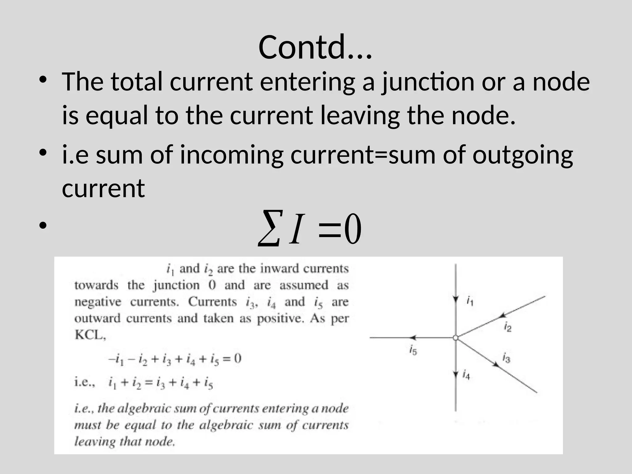Contd...
• The total current entering a junction or a node
is equal to the current leaving the node.
• i.e sum of incoming current=sum of outgoing
current
• 0

I
 