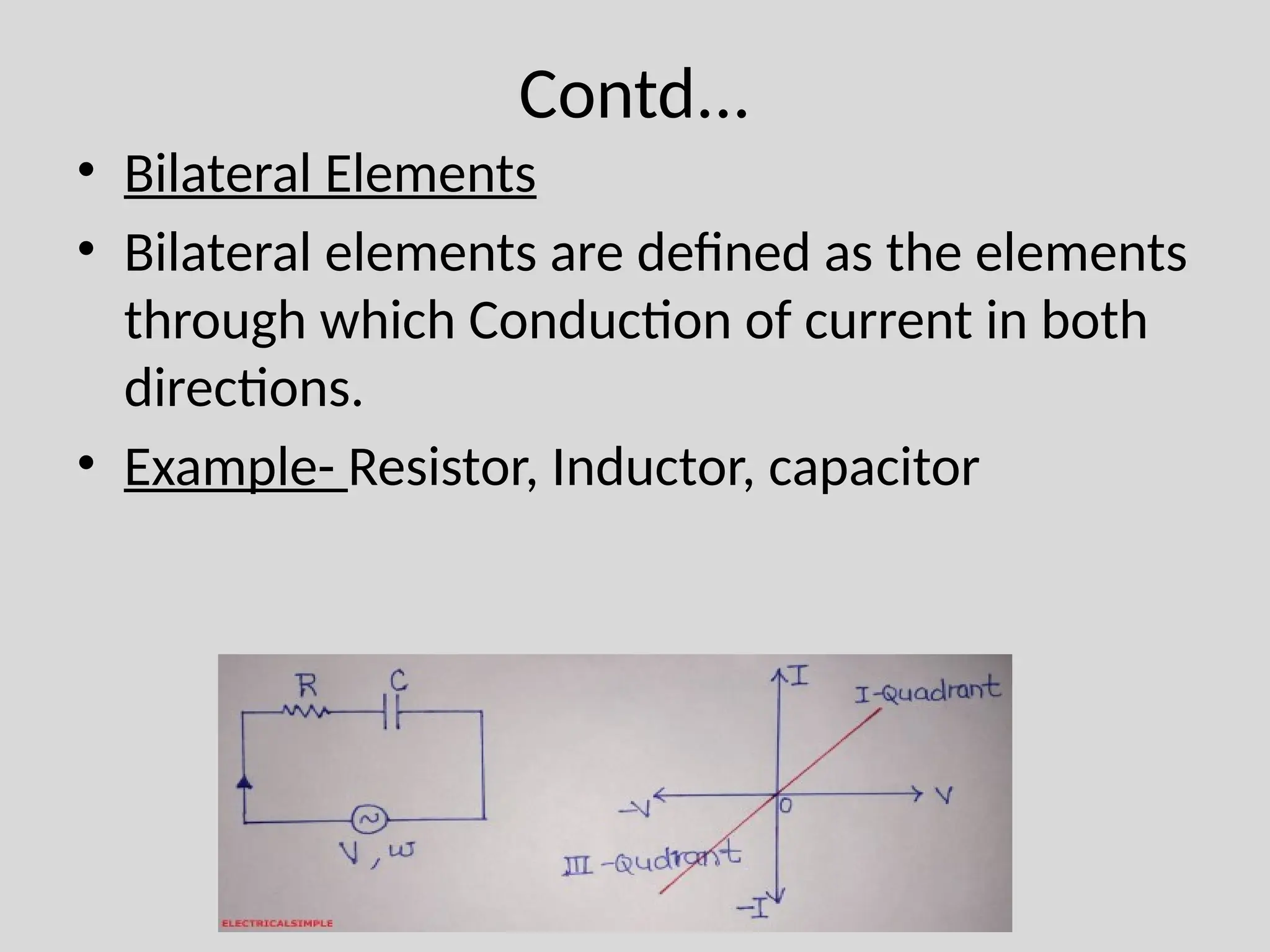 Contd...
• Bilateral Elements
• Bilateral elements are defined as the elements
through which Conduction of current in both
directions.
• Example- Resistor, Inductor, capacitor
 