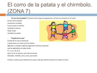 El corro de la patata y el chirmbolo.
(ZONA 7)
 "Al corro de las patatas" (Cuando se dice alupé nos agachamos y al final nos sentamos en el suelo)
Al corro de las patatas
comeremos ensalada,
lo que comen los señores
naranjitas y limones.
Alupé, alupé,
sentadita me quede.
 "El patio de mi casa"
El patio de mi casa es particular,
cuando llueve y se moja como los demás.
Agáchate, y vuélvete a agachar (agacharse mientras cantamos)
que los agachaditos no saben bailar.
H, I, J, K, L, M, N, A,
que si tú no me quieres, otro niño me querrá.
Chocolate, molinillo, corre, corre, que te pillo.
A estirar, a estirar, que el demonio va a pasar. (Hay que intentar estirarse sin romper el corro)
 