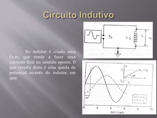 No indutor é criado uma
f.e.m. que tende a fazer uma
corrente fluir no sentido oposto. O
que resulta disto é uma queda de
potencial através do indutor, em
que:
 