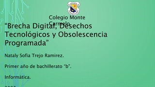 Colegio Monte
Carmelo
“Brecha Digital, Desechos
Tecnológicos y Obsolescencia
Programada”
Nataly Sofia Trejo Ramirez.
Primer año de bachillerato “b”.
Informática.
 