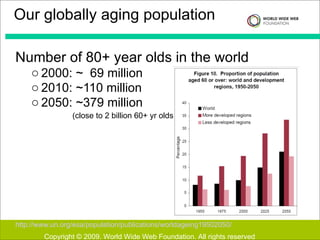 Number of 80+ year olds in the world 2000: ~  69 million 2010: ~110 million 2050: ~379 million  (close to 2 billion 60+ yr olds) ->  http://www.un.org/esa/population/publications/worldageing19502050/ Our globally aging population Copyright © 2009. World Wide Web Foundation. All rights reserved 