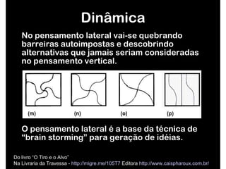 No pensamento lateral vai-se quebrando barreiras autoimpostas e descobrindo alternativas que jamais seriam consideradas no pensamento vertical.  O pensamento lateral é a base da técnica de  “ brain storming ”  para geração de idéias. Dinâmica Do livro “O Tiro e o Alvo”  Na Livraria da Travessa -  http://migre.me/105T7  Editora  http://www.caispharoux.com.br/   