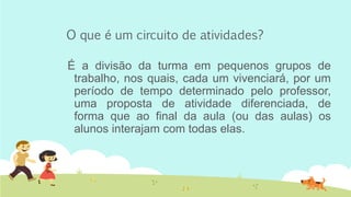 O que é um circuito de atividades? 
É a divisão da turma em pequenos grupos de trabalho, nos quais, cada um vivenciará, por um período de tempo determinado pelo professor, uma proposta de atividade diferenciada, de forma que ao final da aula (ou das aulas) os alunos interajam com todas elas. 
 