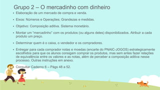 Grupo 2 – O mercadinho com dinheiro 
Elaboração de um mercado de compra e venda. 
Eixos: Números e Operações; Grandezas e medidas. 
Objetivo: Composição aditiva. Sistema monetário. 
Montar um “mercadinho” com os produtos (ou alguns deles) disponibilizados. Atribuir a cada produto um preço. 
Determinar quem é o caixa, o vendedor e os compradores. 
Entregar para cada comprador notas e moedas (encarte do PNAIC-JOGOS) estrategicamente escolhidos para que os alunos consigam comprar os produtos, mas sem antes fazer relações de equivalência entre os valores e as notas, além de perceber a composição aditiva nesse processo. Outras instruções em anexo. 
Consultar Caderno 6 – Págs 48 a 52.  