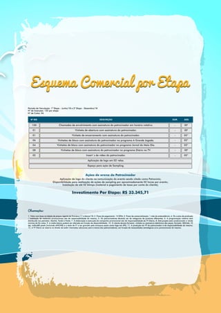 Esquema Comercial por EtapaEsquema Comercial por Etapa
Observações:
1. Valor com base na tabela de preços vigente de Outubro/17 a Março/18; 2. Prazo de pagamento: 15 DFM; 3. Prazo de comercialização: 1 mês de antecedência; 4. Os custos de produção
/ instalação de materiais promocionais são de responsabilidade do mesmo; 5. Os patrocinadores deverão ser de categorias de produtos diferentes; 6. A programação rotativa será
distribuída nos períodos: Manhã, Tarde e Noite; 7. A elaboração e execução da campanha promocional são de responsabilidade da TV Diário; 8. Este projeto está condicionado a venda
mínima de 04 cotas; 9. A mídia básica poderá ser alterada em função da disponibilidade; 10. O cliente deverá fornecer, vinheta ou assinatura eletrônica das peças, formato: XDCAM, 72
dpi, 640x480 pixels (incluindo ANCINE) e o texto de 5" a ser gravado pela emissora assim como logo em JPG; 11. A produção do VT do patrocinador é de responsabilidade do mesmo;
12. A TV Diário se reserva no direito de exibir chamadas adicionais sem a marca dos patrocinadores, em função de necessidades estratégicas e/ou promocionais do mesmo.
Investimento Por Etapa: R$ 33.345,71
Aplicação de logo do cliente na comunicação do evento sendo citado como Patrocínio;
Disponibilidade para realização de ações de sampling por aproximadamente 02 horas por evento;
Instalação de até 02 blimps (material e pagamento de taxas por conta do cliente);
Ações de arena do Patrocinador
Período de Veiculação: 1ª Etapa - Junho/18 e 2ª Etapa - Dezembro/18
N° de Inserções: 122 por etapa
N° de Cotas: 04
- 05"Chamadas de envolvimento com assinatura do patrocinador em horário rotativo.100
- 05"Vinheta de abertura com assinatura do patrocinador.01
- 05”Vinheta de encerramento com assinatura do patrocinador.01
- 05”04
- 05"08
- 05”02
Vinhetas de bloco com assinatura do patrocinador no programa Jornal do Meio Dia.
- 05”06 Vinhetas de bloco com assinatura do patrocinador no programa A Grande Jogada.
Vinhetas de bloco com assinatura do patrocinador no programa Diário na TV.
Insert´s de vídeo do patrocinador.
Aplicação de logo em 02 velas.
Espaço para ação de Sampling.
 