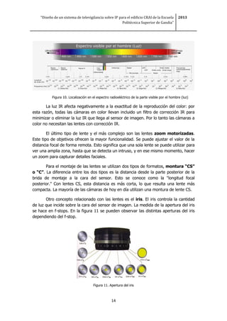 “Diseño de un sistema de televigilancia sobre IP para el edificio CRAI de la Escuela
Politécnica Superior de Gandia”
2013
14
Figura 10. Localización en el espectro radioeléctrico de la parte visible por el hombre (luz)
La luz IR afecta negativamente a la exactitud de la reproducción del color: por
esta razón, todas las cámaras en color llevan incluido un filtro de corrección IR para
minimizar o eliminar la luz IR que llega al sensor de imagen. Por lo tanto las cámaras a
color no necesitan las lentes con corrección IR.
El último tipo de lente y el más complejo son las lentes zoom motorizadas.
Este tipo de objetivos ofrecen la mayor funcionalidad. Se puede ajustar el valor de la
distancia focal de forma remota. Esto significa que una sola lente se puede utilizar para
ver una amplia zona, hasta que se detecta un intruso, y en ese mismo momento, hacer
un zoom para capturar detalles faciales.
Para el montaje de las lentes se utilizan dos tipos de formatos, montura “CS”
o “C”. La diferencia entre los dos tipos es la distancia desde la parte posterior de la
brida de montaje a la cara del sensor. Esto se conoce como la "longitud focal
posterior." Con lentes CS, esta distancia es más corta, lo que resulta una lente más
compacta. La mayoría de las cámaras de hoy en día utilizan una montura de lente CS.
Otro concepto relacionado con las lentes es el iris. El iris controla la cantidad
de luz que incide sobre la cara del sensor de imagen. La medida de la apertura del iris
se hace en f-stops. En la figura 11 se pueden observar las distintas aperturas del iris
dependiendo del f-stop.
Figura 11. Apertura del iris
 