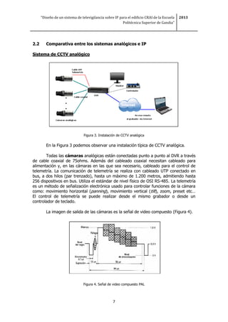 “Diseño de un sistema de televigilancia sobre IP para el edificio CRAI de la Escuela
Politécnica Superior de Gandia”
2013
7
2.2 Comparativa entre los sistemas analógicos e IP
Sistema de CCTV analógico
Figura 3. Instalación de CCTV analógica
En la Figura 3 podemos observar una instalación típica de CCTV analógica.
Todas las cámaras analógicas están conectadas punto a punto al DVR a través
de cable coaxial de 75ohms. Además del cableado coaxial necesitan cableado para
alimentación y, en las cámaras en las que sea necesario, cableado para el control de
telemetría. La comunicación de telemetría se realiza con cableado UTP conectado en
bus, a dos hilos (par trenzado), hasta un máximo de 1.200 metros, admitiendo hasta
256 dispositivos en bus. Utiliza el estándar de nivel físico de OSI RS-485. La telemetría
es un método de señalización electrónica usado para controlar funciones de la cámara
como: movimiento horizontal (panning), movimiento vertical (tilt), zoom, preset etc…
El control de telemetría se puede realizar desde el mismo grabador o desde un
controlador de teclado.
La imagen de salida de las cámaras es la señal de video compuesto (Figura 4).
Figura 4. Señal de video compuesto PAL
 