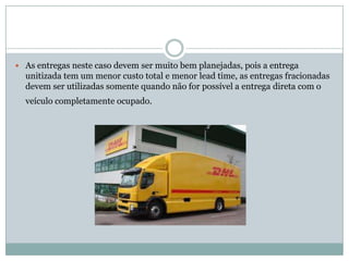  As entregas neste caso devem ser muito bem planejadas, pois a entrega
  unitizada tem um menor custo total e menor lead time, as entregas fracionadas
  devem ser utilizadas somente quando não for possível a entrega direta com o
  veículo completamente ocupado.
 