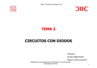 Tema 2. Circuitos con Diodos. rev4




                  TEMA 2


CIRCUITOS CON DIODOS


                                                          Profesores:
                                                          Germán Villalba Madrid
                                                          Miguel A. Zamora Izquierdo
  Departamento de Ingeniería de la Información y Comunicaciones
                     Universidad de Murcia
                                                                                       1
 