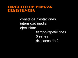 CIRCUITO DE FUERZA RESISTENCIA consta de 7 estaciones intensidad media ejecución: tiempo/repeticiones  3 series descanso de 2’ 