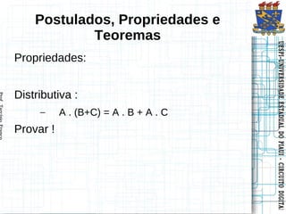 UESPI–UNIVERSIDADE ESTADUAL DO PIAUI -- CIRCUITO DIGITAL
                        UESPI–UNIVERSIDADE ESTADUAL DO PIAUI CIRCUITO DIGITAL
Postulados, Propriedades e




                                                              A . (B+C) = A . B + A . C
        Teoremas
                             Propriedades:


                                             Distributiva :

                                                                                          Provar !
                                                              –
 