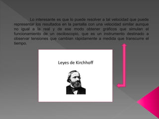 Lo interesante es que lo puede resolver a tal velocidad que puede
representar los resultados en la pantalla con una velocidad similar aunque
no igual a la real y de ese modo obtener gráficos que simulan el
funcionamiento de un osciloscopio, que es un instrumento destinado a
observar tensiones que cambian rápidamente a medida que transcurre el
tiempo.
 