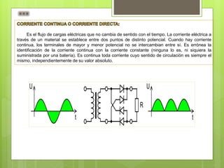 Es el flujo de cargas eléctricas que no cambia de sentido con el tiempo. La corriente eléctrica a
través de un material se establece entre dos puntos de distinto potencial. Cuando hay corriente
continua, los terminales de mayor y menor potencial no se intercambian entre sí. Es errónea la
identificación de la corriente continua con la corriente constante (ninguna lo es, ni siquiera la
suministrada por una batería). Es continua toda corriente cuyo sentido de circulación es siempre el
mismo, independientemente de su valor absoluto.
 