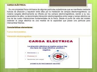 Es una propiedad física intrínseca de algunas partículas subatómicas que se manifiesta mediante
fuerzas de atracción y repulsión entre ellas por la mediación de campos electromagnéticos. La
materia cargada eléctricamente es influida por los campos electromagnéticos, siendo a su vez,
generadora de ellos. La denominada interacción electromagnética entre carga y campo eléctrico es
una de las cuatro interacciones fundamentales de la física. Desde el punto de vista del modelo
estándar la carga eléctrica es una medida de la capacidad que posee una partícula para
intercambiar fotones.
Fuerza electroestática.
Interacción electromagnética.
 