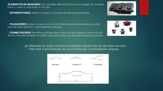 ELEMENTOS DE MANIOBRA: Son aquellos elementos que se encargan de manejar
(abrir o cerrar a voluntad) un circuito.
INTERRUPTORES: Abren o cierran un circuito de forma permanente.
PULSADORES: Abren o cierran un circuito mientras están presionados. Los hay
normalmente abiertos y normalmente cerrados.
CONMUTADORES: Permiten controlar dos o más circuitos desde un mismo punto.
En las viviendas también se utilizan para encender una lámpara desde dos puntos
❑ diferentes (si quiero controlar la lámpara desde más de dos sitios necesito
intercalar conmutadores de cruce entre dos conmutadores simples).
 