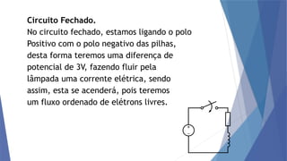 Circuito Fechado.
No circuito fechado, estamos ligando o polo
Positivo com o polo negativo das pilhas,
desta forma teremos uma diferença de
potencial de 3V, fazendo fluir pela
lâmpada uma corrente elétrica, sendo
assim, esta se acenderá, pois teremos
um fluxo ordenado de elétrons livres.
 