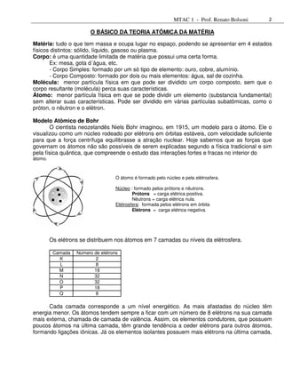 MTAC 1 - Prof. Renato Bolsoni   2

                         O BÁSICO DA TEORIA ATÔMICA DA MATÉRIA

Matéria: tudo o que tem massa e ocupa lugar no espaço, podendo se apresentar em 4 estados
físicos distintos: sólido, líquido, gasoso ou plasma.
Corpo: é uma quantidade limitada de matéria que possui uma certa forma.
       Ex: mesa, gota d´água, etc.
       - Corpo Simples: formado por um só tipo de elemento: ouro, cobre, alumínio.
       - Corpo Composto: formado por dois ou mais elementos: água, sal de cozinha.
Molécula: menor partícula física em que pode ser dividido um corpo composto, sem que o
corpo resultante (molécula) perca suas características.
Átomo: menor partícula física em que se pode dividir um elemento (substancia fundamental)
sem alterar suas características. Pode ser dividido em várias partículas subatômicas, como o
próton, o nêutron e o elétron.

Modelo Atômico de Bohr
       O cientista neozelandês Niels Bohr imaginou, em 1915, um modelo para o átomo. Ele o
visualizou como um núcleo rodeado por elétrons em órbitas estáveis, com velocidade suficiente
para que a força centrífuga equilibrasse a atração nuclear. Hoje sabemos que as forças que
governam os átomos não são possíveis de serem explicadas segundo a física tradicional e sim
pela física quântica, que compreende o estudo das interações fortes e fracas no interior do
átomo.



                                    O átomo é formado pelo núcleo e pela elétrosfera.

                                    Núcleo : formado pelos prótons e nêutrons.
                                            Prótons = carga elétrica positiva.
                                            Nêutrons = carga elétrica nula.
                                    Elétrosfera: formada pelos elétrons em órbita
                                            Elétrons = carga elétrica negativa.




         Os elétrons se distribuem nos átomos em 7 camadas ou níveis da elétrosfera.

          Camada   Número de elétrons
            K             2
            L             8
            M             18
            N             32
            O             32
            P             18
            Q             8

      Cada camada corresponde a um nível energético. As mais afastadas do núcleo têm
energia menor. Os átomos tendem sempre a ficar com um número de 8 elétrons na sua camada
mais externa, chamada de camada de valência. Assim, os elementos condutores, que possuem
poucos átomos na última camada, têm grande tendência a ceder elétrons para outros átomos,
formando ligações iônicas. Já os elementos isolantes possuem mais elétrons na última camada,
 