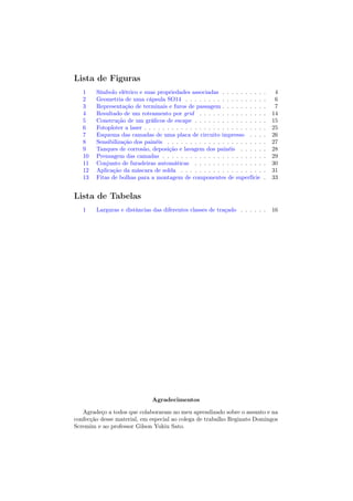 Lista de Figuras
   1    Símbolo elétrico e suas propriedades associadas . . . . . . . . .        .    4
   2    Geometria de uma cápsula SO14 . . . . . . . . . . . . . . . . .          .    6
   3    Representação de terminais e furos de passagem . . . . . . . . .         .    7
   4    Resultado de um roteamento por grid . . . . . . . . . . . . . .          .   14
   5    Construção de um gráﬁcos de escape . . . . . . . . . . . . . . .         .   15
   6    Fotoploter a laser . . . . . . . . . . . . . . . . . . . . . . . . . .   .   25
   7    Esquema das camadas de uma placa de circuito impresso . . .              .   26
   8    Sensibilização dos painéis . . . . . . . . . . . . . . . . . . . . .     .   27
   9    Tanques de corrosão, deposição e lavagem dos painéis . . . . .           .   28
   10   Prensagem das camadas . . . . . . . . . . . . . . . . . . . . . .        .   29
   11   Conjunto de furadeiras automáticas . . . . . . . . . . . . . . .         .   30
   12   Aplicação da máscara de solda . . . . . . . . . . . . . . . . . .        .   31
   13   Fitas de bolhas para a montagem de componentes de superfície             .   33


Lista de Tabelas
   1    Larguras e distâncias das diferentes classes de traçado . . . . . .          16




                               Agradecimentos

   Agradeço a todos que colaboraram no meu aprendizado sobre o assunto e na
confecção desse material, em especial ao colega de trabalho Reginato Domingos
Scremim e ao professor Gilson Yukiu Sato.
 