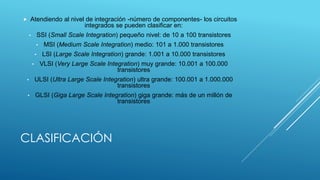 CLASIFICACIÓN
 Atendiendo al nivel de integración -número de componentes- los circuitos
integrados se pueden clasificar en:
• SSI (Small Scale Integration) pequeño nivel: de 10 a 100 transistores
• MSI (Medium Scale Integration) medio: 101 a 1.000 transistores
• LSI (Large Scale Integration) grande: 1.001 a 10.000 transistores
• VLSI (Very Large Scale Integration) muy grande: 10.001 a 100.000
transistores
• ULSI (Ultra Large Scale Integration) ultra grande: 100.001 a 1.000.000
transistores
• GLSI (Giga Large Scale Integration) giga grande: más de un millón de
transistores
 