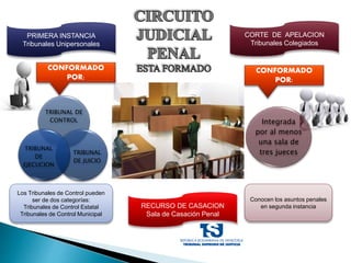 Conocen los asuntos penales
en segunda instancia
Los Tribunales de Control pueden
ser de dos categorías:
Tribunales de Control Estatal
Tribunales de Control Municipal
PRIMERA INSTANCIA
Tribunales Unipersonales
CORTE DE APELACION
Tribunales Colegiados
CONFORMADO
POR:
TRIBUNAL DE
CONTROL
TRIBUNAL
DE JUICIO
TRIBUNAL
DE
EJECUCION
CONFORMADO
POR:
Integrada
por al menos
una sala de
tres jueces
RECURSO DE CASACION
Sala de Casación Penal
 